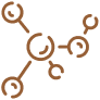 ORTOMOLECULAR Um ícone marrom de uma molécula em um fundo branco.